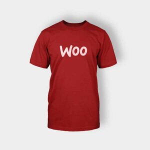 A red t-shirt with the word "WOO" printed in white letters on the front, displayed against a white background.