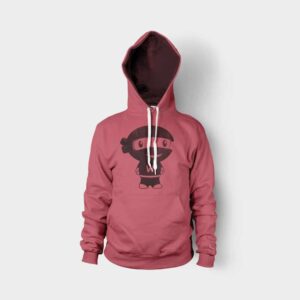 A pink hoodie with a graphic of a cartoon character on the front, displayed against a plain light background.