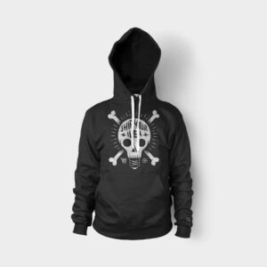 A black hoodie with a graphic of a skull and crossed bones surrounded by music elements and the text "SHHH...NO ONE CARES" on a white background.